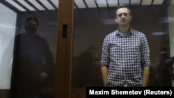 Russian opposition leader Aleksei Navalny attends a hearing to consider an appeal against an earlier court decision to change his suspended sentence to a real prison term in Moscow on February 20.