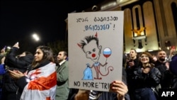 Un demonstrant cu o pancartă pe care este desenat Bidzina Ivanișvili, fondatorul Visului Georgian, la 28 octombrie 2024.