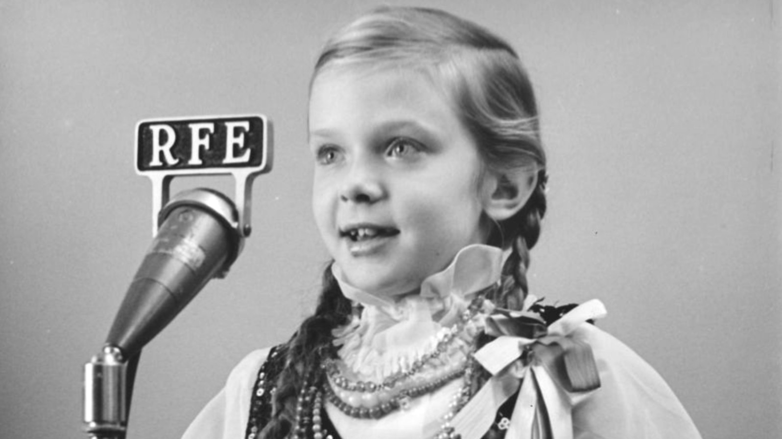 Germany -- A girl in an RFE recording studio in Munich
