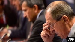 Russian Foreign Minister Sergei Lavrov attends a working session during a meeting of foreign ministers of the G20 leading and developing economies at the World Conference Center in Bonn, Germany, on February 17.