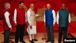 (Left to right) Brazil's President Michel Temer, Chinese President Xi Jinping, Indian Prime Minister Narendra Modi, Russian President Vladimir Putin, and South African President Jacob Zuma at the BRICS summit