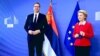 Serbian President Aleksandar Vucic meets with Ursula von der Leyen, president of the European Commission, in Brussels on April 26.