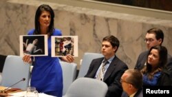 Постоянный представитель США при ООН Никки Хейли держит фотографии жертв химической атаки в Сирии на заседании Совбеза ООН