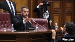 Armenia - Speaker Ruben Rubinian argues with an opposition lawmaker during a session of the Armenian parliament, Yerevan, October 6, 2026.