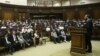 Armenia -- Parliament speaker Ararat Mirzoyan speaks during parliamnetary hearings on transitional justice, Yerevan, May 24, 2019.