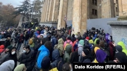 Protesters gathered outside the parliament building in Tbilisi and pelted the building with egg on November 25.