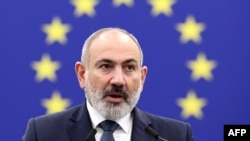 France - Armenian Prime Minister Nikol Pashinian addresses the European Parliament in Strasbourg, October 17, 2023.