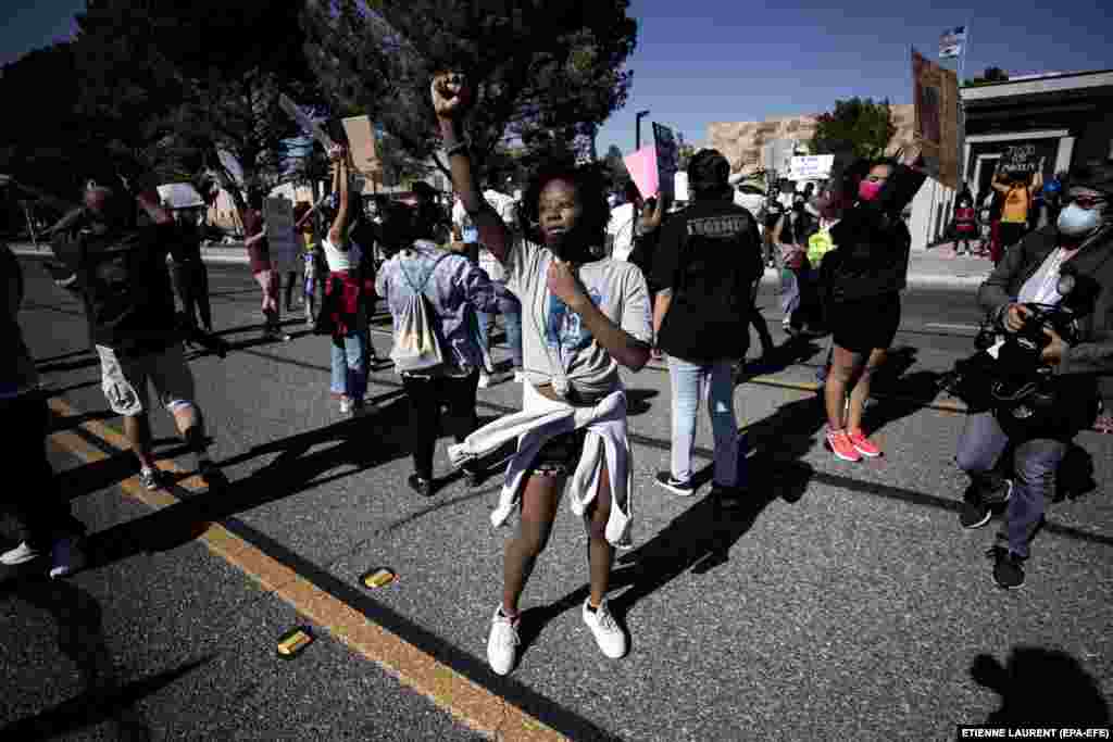 Demonstrators shout slogans during a protest over the death of Malcolm Harsch, in front of City Hall in Victorville, California, USA, 16 June 2020. Harsch, 38, was found hanging from a tree near a homeless encampment in Victorville on 31 May. According to reports, an investigation into his death is ongoing.