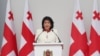 (FILES) Georgian President Salome Zurabishvili delivers a speech during the celebrations of Georgia's Independence Day on the central Freedom Square in Tbilisi on May 26, 2024.