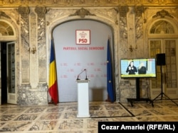 1 decembrie 2024, alegerile parlamentare din România. Sediul PSD din București (interior) înaintea anunțării rezultatelor exit poll.