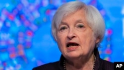 U.S. Treasury Secretary Janet Yellen speaks at the annual meeting of the International Monetary Fund and the World Bank on October 14 in Washington.