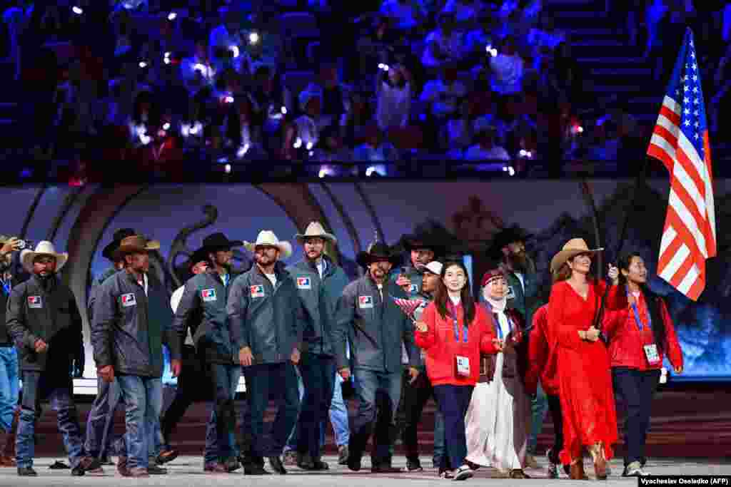 America's team parades during the opening ceremony.The USA contingent will compete in the popular goat-grabbing sport of kok-boru and horseback wrestling.