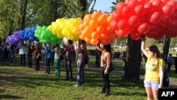 Gay rights activists hold a rally in St. Petersburg earlier this year. 