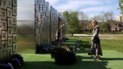 Britain's Sophie, duchess of Edinburgh, visits the memorial to the victims of the Russian occupation in the town of Bucha on April 29.