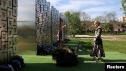 Britain's Sophie, duchess of Edinburgh, visits the memorial to the victims of the Russian occupation in the town of Bucha on April 29.