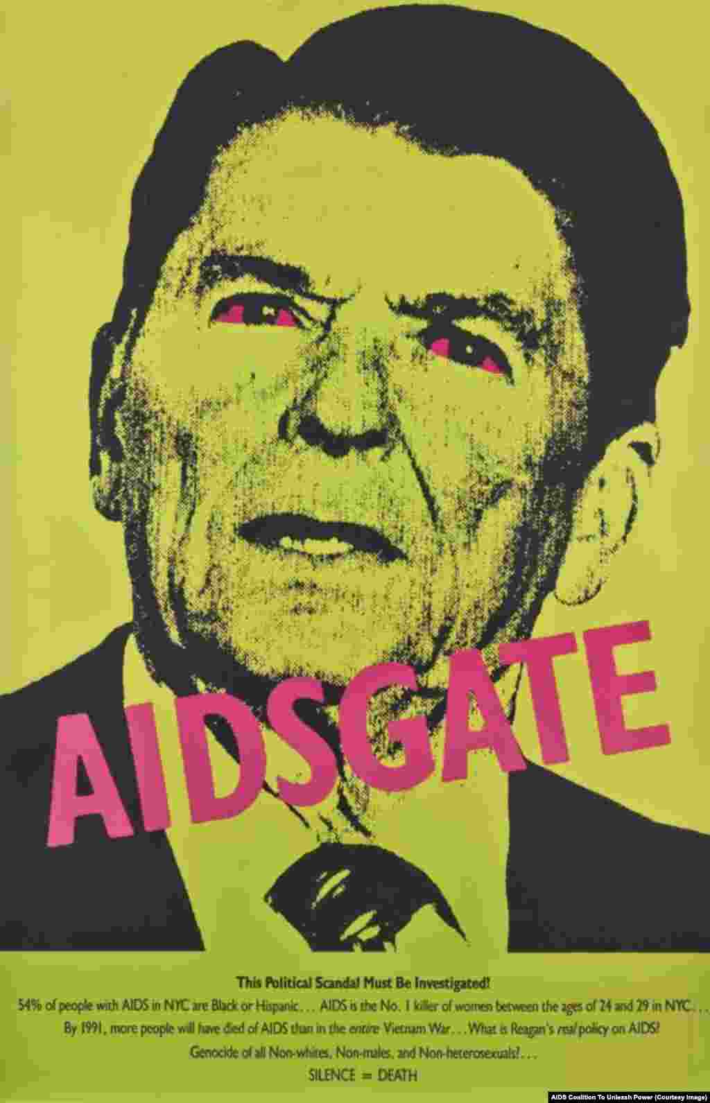 A 1987 poster by the AIDS Coalition To Unleash Power demands that U.S. President Ronald Reagan address the AIDS epidemic.