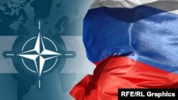 НАТО белгісі және Ресей туы. (Көрнекі сурет)