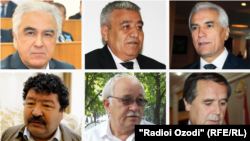 Top row (left to right): ex-leader of the Tajikistan's Democratic Party Saidjafar Usmonzoda, former Parliament Speaker Akbarshoh Iskandarov, and former Tajik Foreign Minister Hamrohkhon Zarifi. Bottom row: Tajik Social Democratic Party Deputy Chairman Shokirjon Hakimov, Democratic Party of Tajikistan Deputy Chairman Ahmadshoh Komilzoda, and former Tajik Foreign Ministry spokesman Abulfaiz Atoi