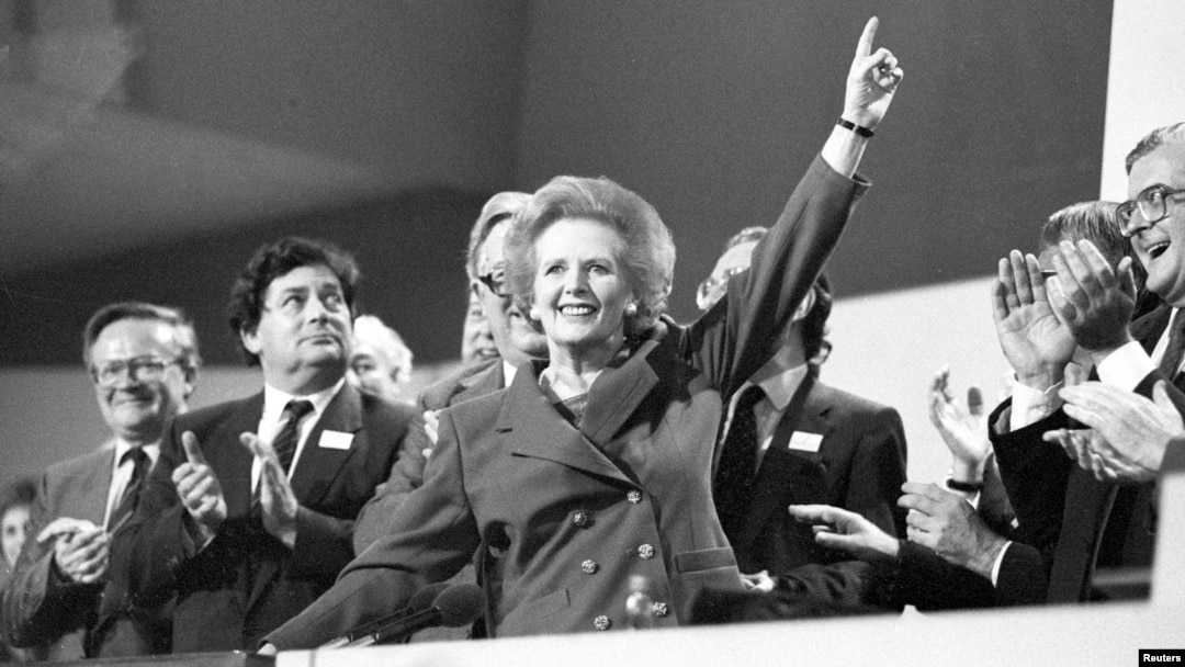 British Prime Minister Margaret Thatcher receives a standing ovation at the Conservative Party Conference on October 13, 1989.
