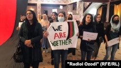 Afghan women rallied at their country's embassy in Dushanbe on September 14.