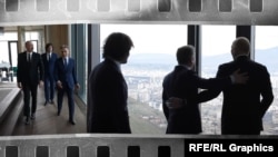 Коллаж: президент Азербайджана Ильхам Алиев, почетный председатель «Грузинской мечты» Бидзина Иванишвили и премьер-министр Ираклий Кобахидзе. Тбилиси, 6 апреля, 2026 г.