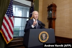 U.S. President Joe Biden speaks about the withdrawal of the remainder of U.S. troops from Afghanistan from the Treaty Room in the White House in Washington on April 14.