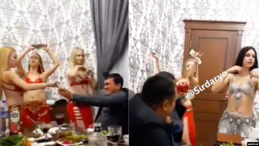 Ўтган йили олингани айтилган видеода сирдарёлик мулозимлар "Евро-Азия" ресторанидаги кордебалет раққосалари қуршовида кўринади. Gazeta.uz/Telegram