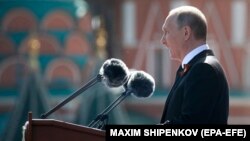 Рускиот претседател Владимир Путин за време на неговиот говор на одбележување на „Денот на победата“ 