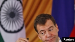 Russian President Dmitry Medvedev at a news conference in New Delhi on the first day of his India trip