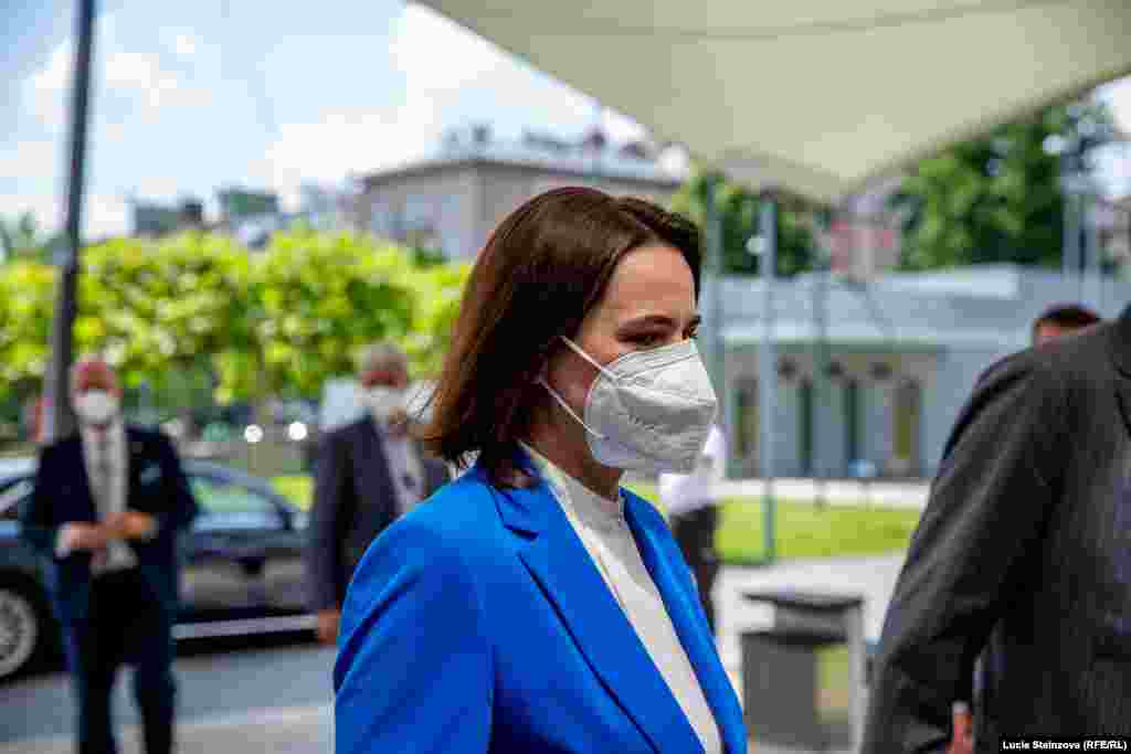 INTERNAL USAGE ONLY -- CZECH REPUBLIC – Belarusian opposition leader Svyatlana Tsikhanouskaya during visit at RFE/RL Headquarters in Prague, June 8, 2021 (permission to be requested at Photo Desk)