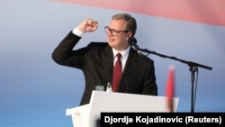 Serbian President Aleksandar Vucic attending a pro-government rally on June 27 in Belgrade.