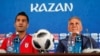 Masoud Shojaei (left) attends a press conference in Kazan, Russia, with Iran coach Carlos Queiroz during the FIFA World Cup in June 2018.