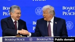 Доналд Трамп (рост), раисҷумҳури Амрико бо ҳамтои узбекистонияш Шавкат Мирзиёев (чап)