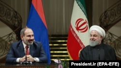 IRAN -- Armenian Prime Minister Nikol Pashinian and Iranian President Hassan Rouhani hold a joint news briefing at the Saadabad Palace in Tehran, February 27, 2019