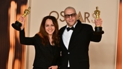 Shirin Sohani (left) and Hossein Molayemi made history when their movie, In The Shadow Of The Cypress, became the first Iranian film to win Best Animated Short at the Oscars.