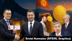 Binance компаниясынын негиздөөчүсү Чанпэн Чжао жана Кыргызстандын президенти Садыр Жапаров, USDKG долбоорунун кеңешчи тобунун башчысы Уильям Кэмпбелл жана Кыргызстандын Министрлер кабинетинин төрагасы Адылбек Касымалиев, Кыргызстандын финансы министри Алмазбек Бакетаев. Коллаж.