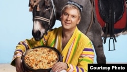 Comedian and restaurateur Sergei Svetlakov poses with plov, an Uzbek hat, and a donkey. "To every self-respecting Uzbek, this is unacceptable," is one reaction. "Some peoples consider an ass to be a symbol of hard work," is another.