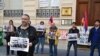 France - French-Armenian activist Schanth Vosgueritchian leads a protest outside the Armenian Embass in Paris, 28April 2015.