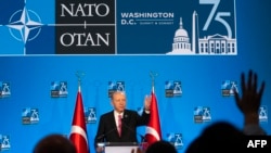 Turkish President Recep Tayyip Erdogan speaks during a press conference on the sidelines of the NATO 75th anniversary summit in Washington, July 11, 2024.