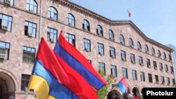 Armenian opposition supporters protest gas-price hikes in Yerevan in April.