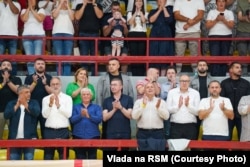 Prime Minister Hristijan Mickoski and other officials attend a basketball match in Kumanovo, North Macedonia.