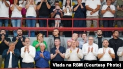 Prime Minister Hristijan Mickoski and other officials at a basketball match in Kumanovo, North Macedonia