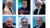 Cei șase candidați aprobați pentru alegerile prezidențiale din Iran - începând cu dreapta sus: Mostafa Pourmohammadi, Saeed Jalili, Masud Pezeshkian, Alireza Zakani, Mohammad Baqer Qalibaf 