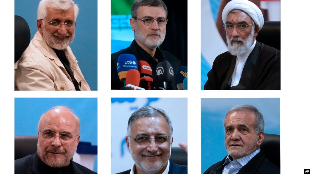 The six approved candidates in Iran's upcoming presidential election (clockwise from top right): Saeed Jalili, Amirhossein Ghazizadeh Hashemi, Mostafa Pourmohammadi, Mohammad Baqer Qalibaf, Alireza Zakani, Masud Pezeshkian (composite file photo)