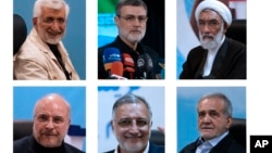 Cei șase candidați aprobați pentru alegerile prezidențiale din Iran - începând cu dreapta sus: Mostafa Pourmohammadi, Saeed Jalili, Masud Pezeshkian, Alireza Zakani, Mohammad Baqer Qalibaf 