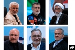 Šest odobrenih kandidata na predstojećim predsjedničkim izborima u Iranu (u smjeru kazaljke na satu odozgo desno): Mostafa Pourmohammadi, Amirhossein Ghazizadeh Hashemi, Saeed Jalili, Masud Pezeshkian, Alireza Zakani, Mohammad Baqer Qalibaf