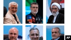 Šest odobrenih kandidata na predstojećim predsjedničkim izborima u Iranu (u smjeru kazaljke na satu odozgo desno): Mostafa Pourmohammadi, Saeed Jalili, Masud Pezeshkian, Alireza Zakani, Mohammad Baqer Qalibaf 