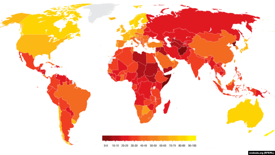 Transparency İnternational-ın hazırladığı korrupsiyanın səviyyəsinə görə dünya ölkələrinin xəritəsi. 